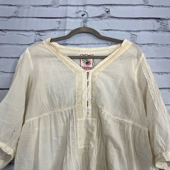 Johnny Was Cream Cuffed Sleeve Pleated Blouse SZ M Ribbed Luxury CottageCore Y2K - Picture 6 of 14